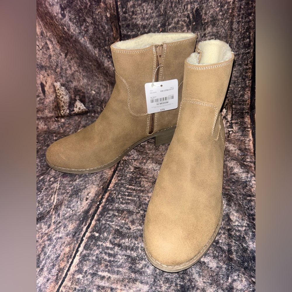 St Johns Bay Boots Womens Zip-Up Dobie Ankle Bootie Beige Faux Size 10 M